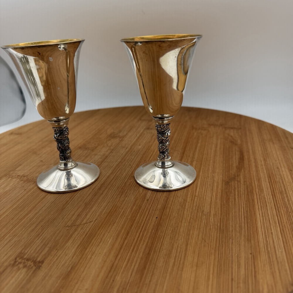 Vtg. Set of 2 Eusebio Valero Silver Plate Gold Lined Wine Goblets - Spain
